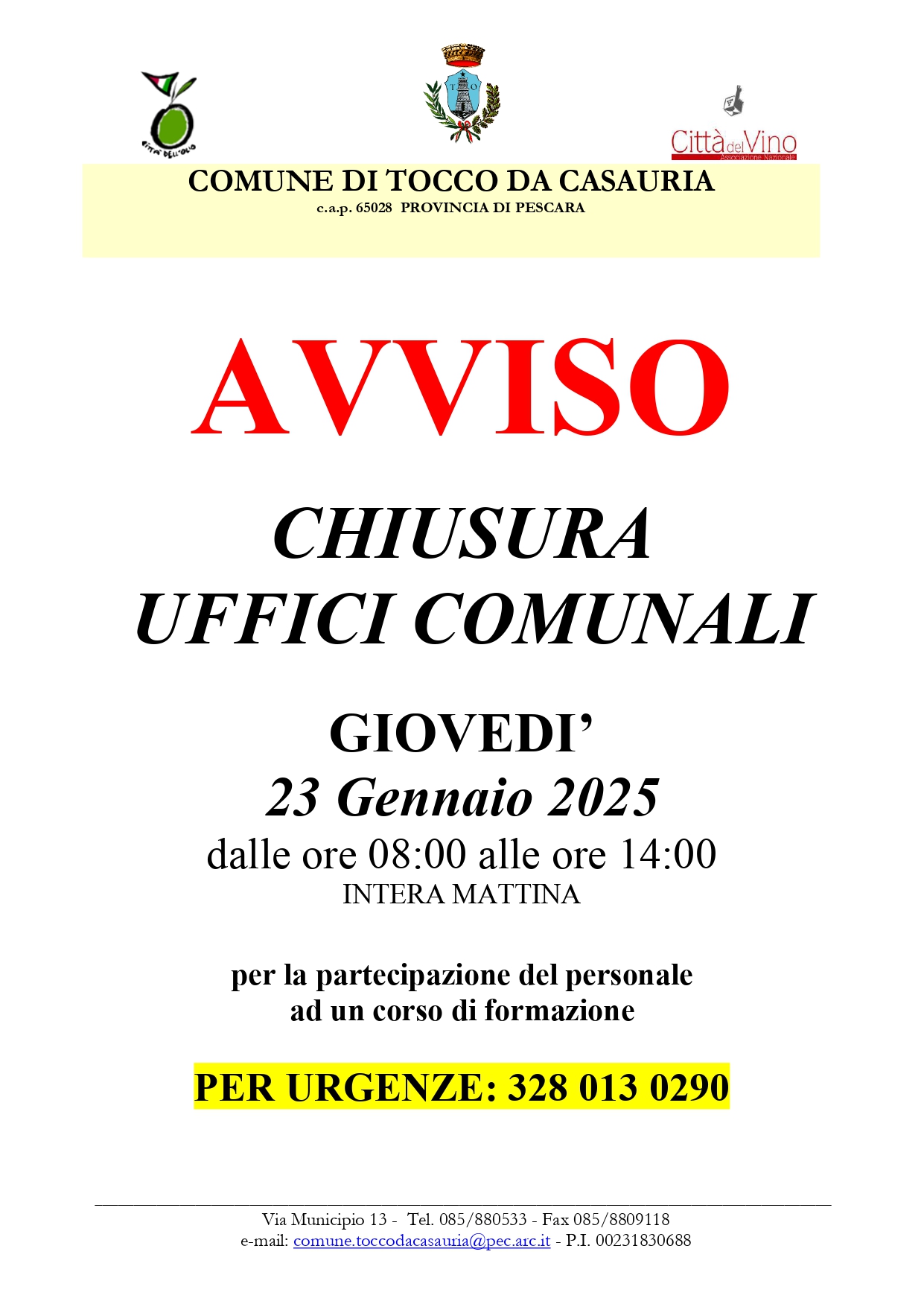 AVVISO CHIUSURA UFFICI COMUNALI